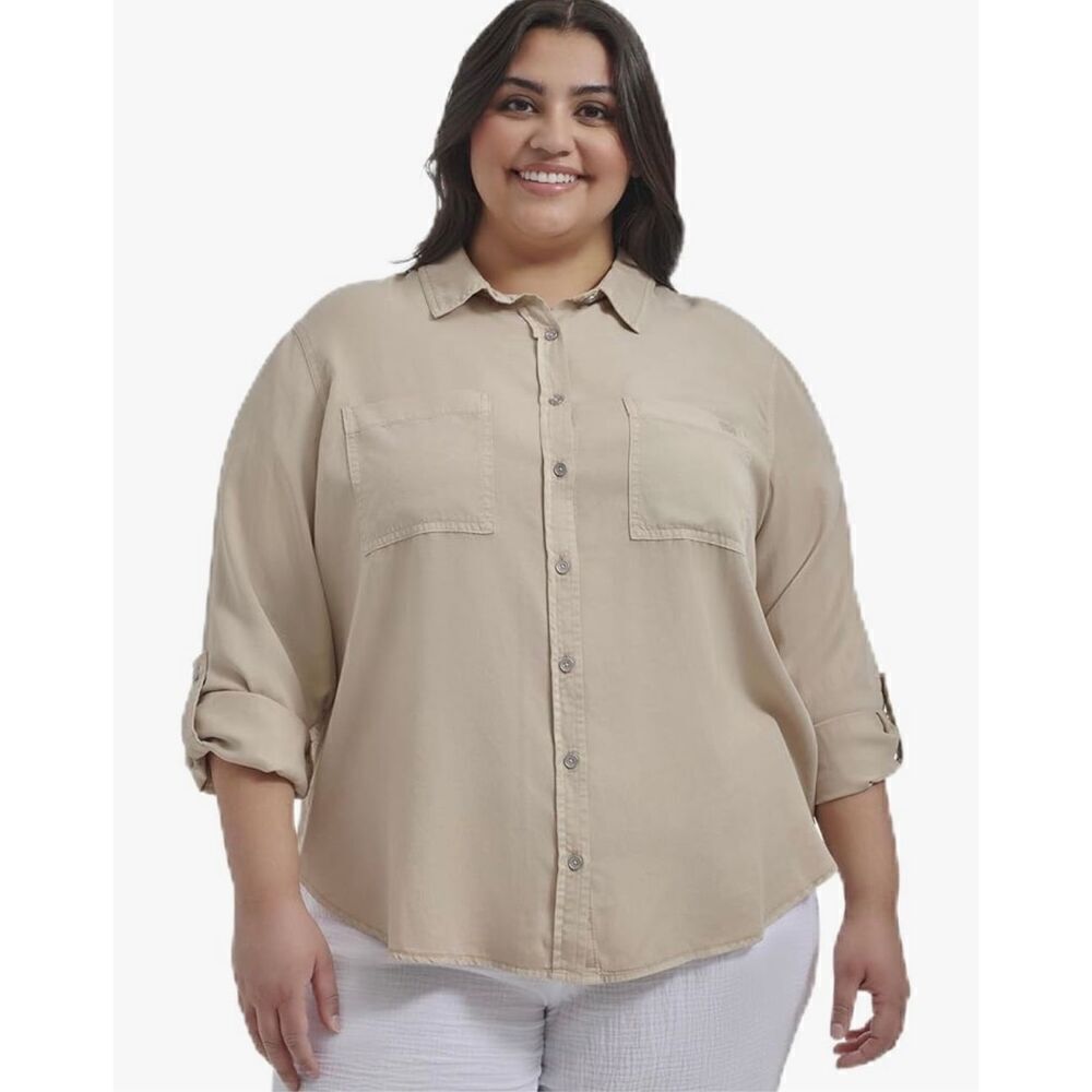 DKNY Women's Plus Garment Dye Classic Roll Tab Sleeve Button Front Shirt